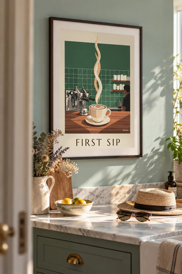 Poster cappuccino met schuimhart op een koffiebar: ingelijst aan de muur