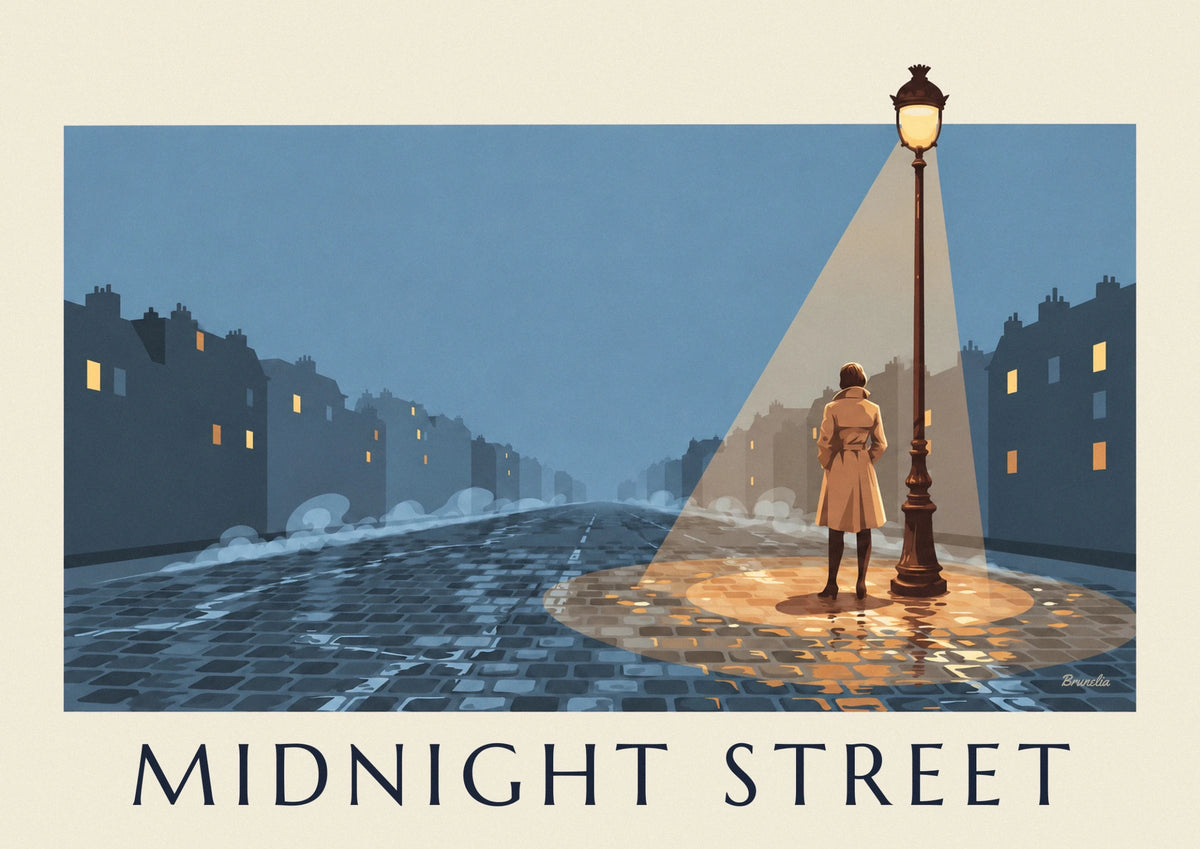 Woman in a trench coat under a streetlamp at night poster