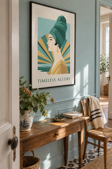 Poster vrouw met tulband en lange oorbellen: ingelijst aan de muur