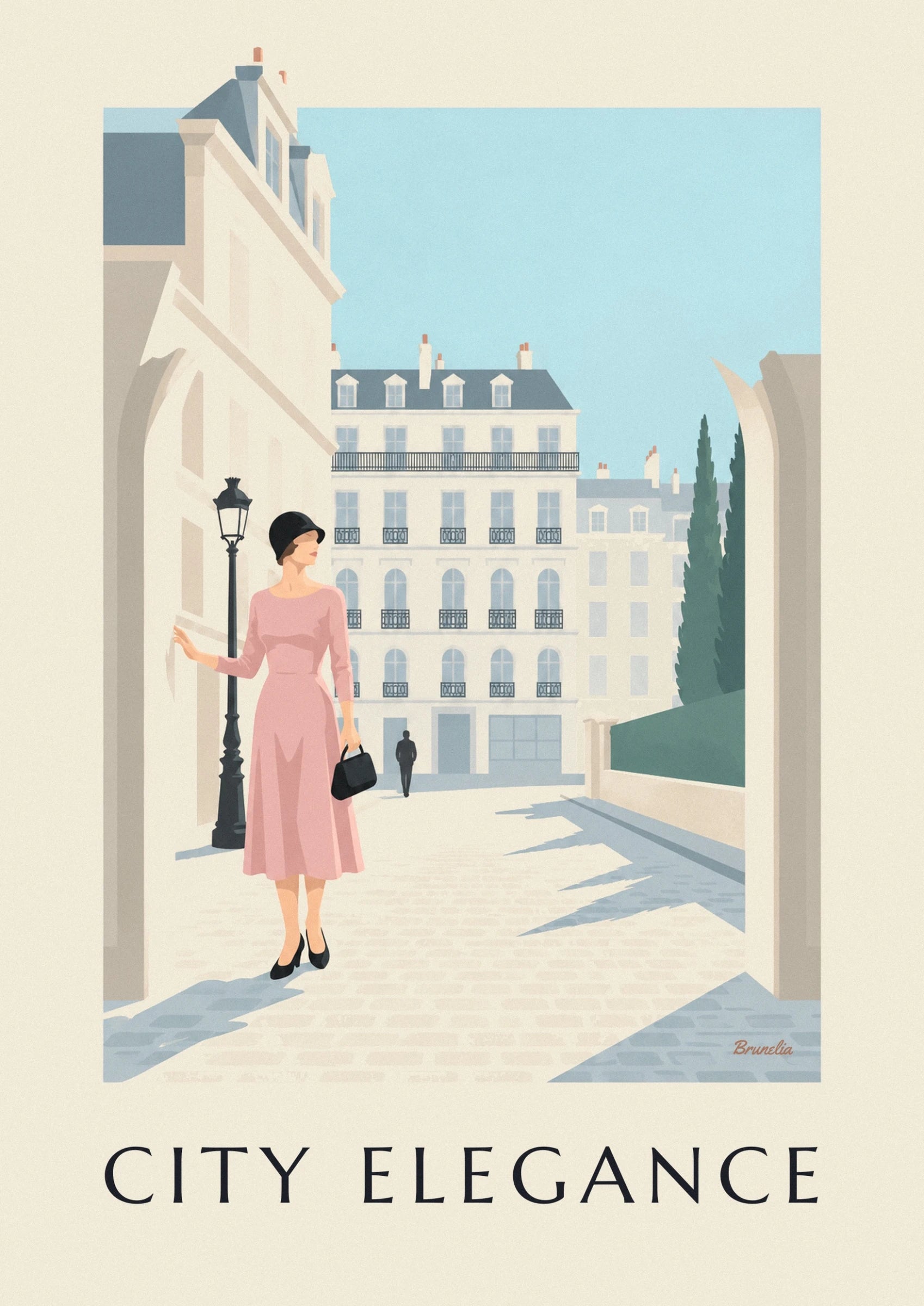 A woman in a pink dress with a black hat and bag near a street lamp, in front of a pale façade