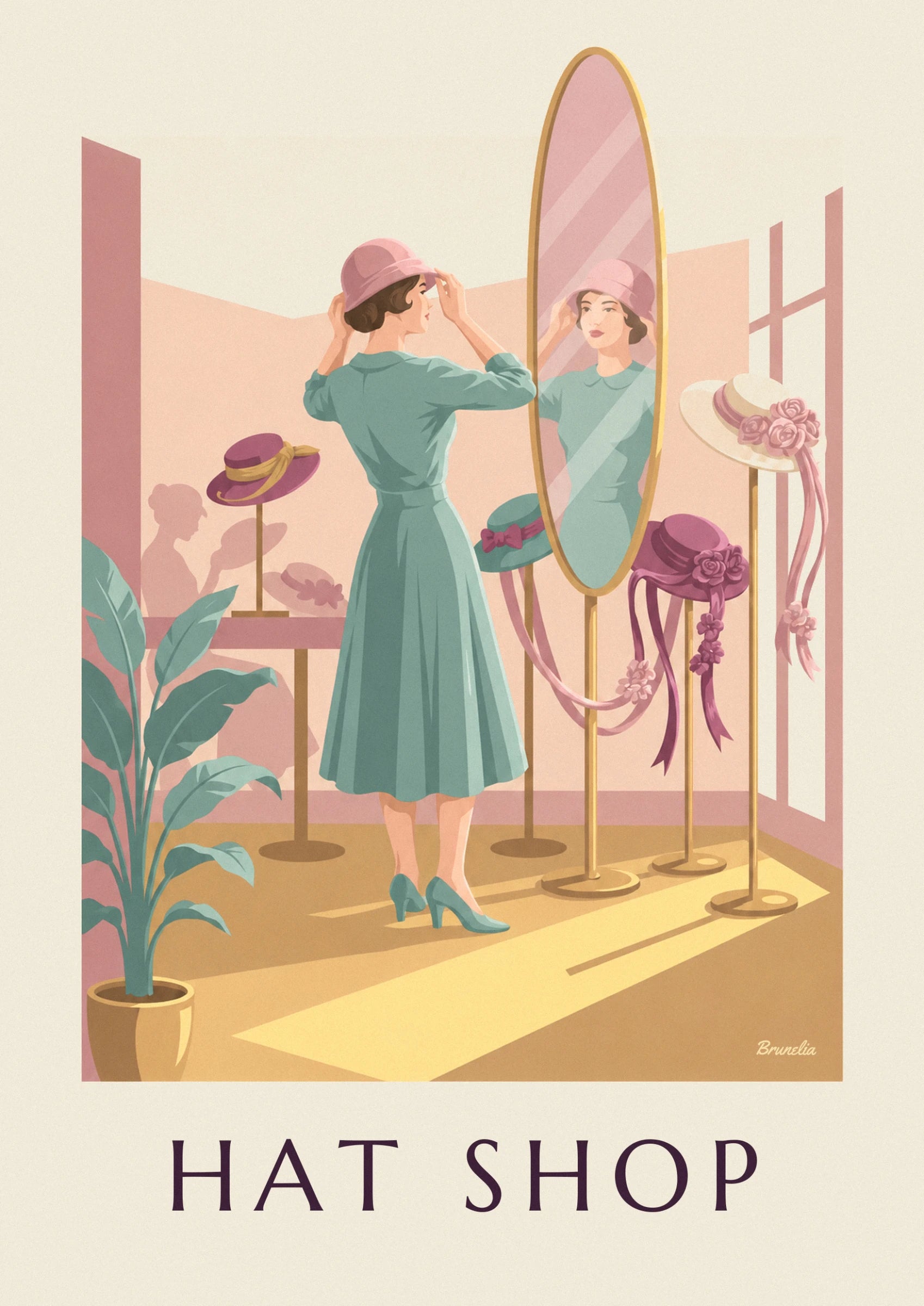 Een vrouw in een groene jurk die haar roze hoed rechtzet voor de spiegel van de hoedenmaakster