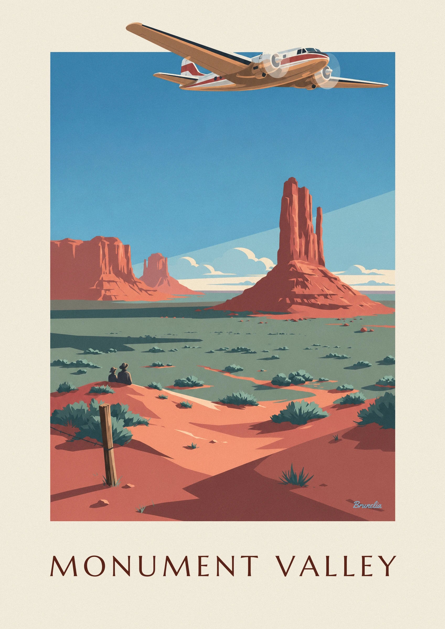 Le bimoteur rouge et crème dans le ciel bleu, au-dessus d'une butte de grès rouge