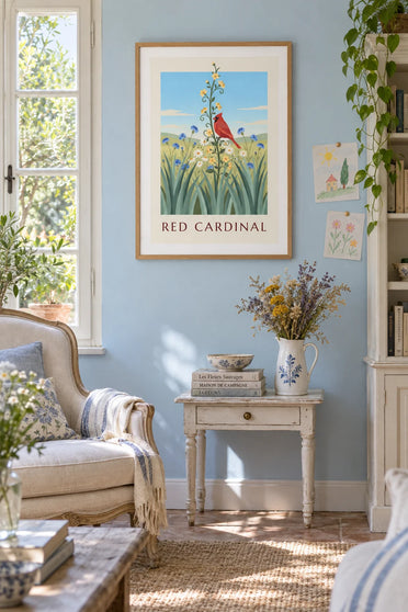 Red cardinal and wildflowers poster: framed on the wall