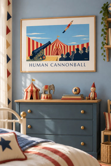 Affiche homme-canon propulsé sous le chapiteau : encadrée au mur