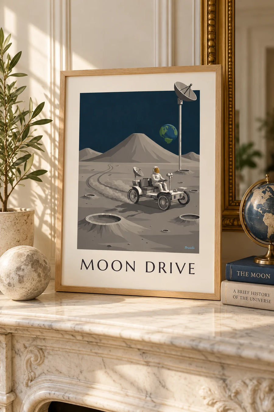 Affiche rover lunaire roulant entre les cratères de la Lune : petit format A4 encadré