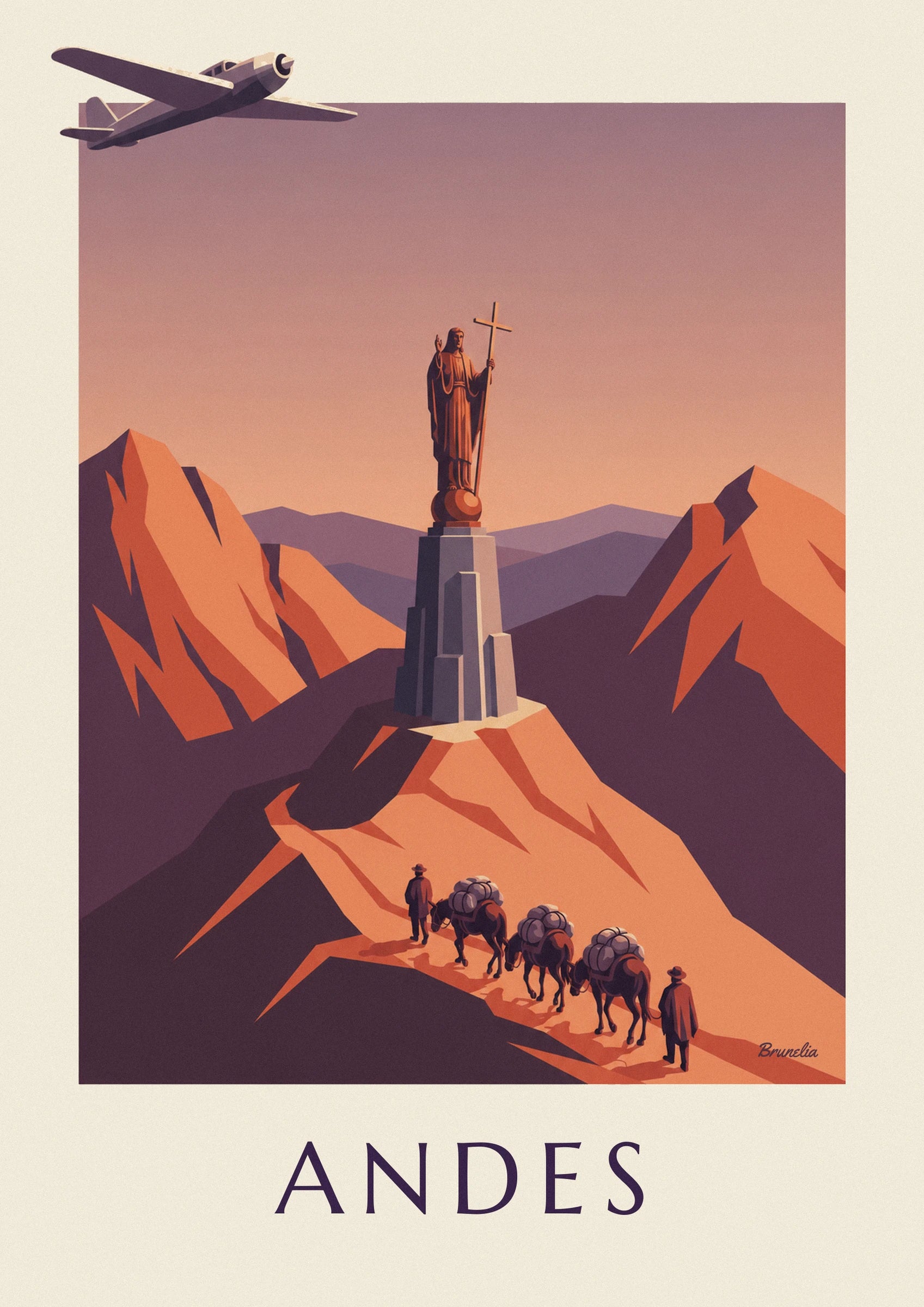 Poster postvliegtuig en muildierkaravaan in de Andes: detail in close-up