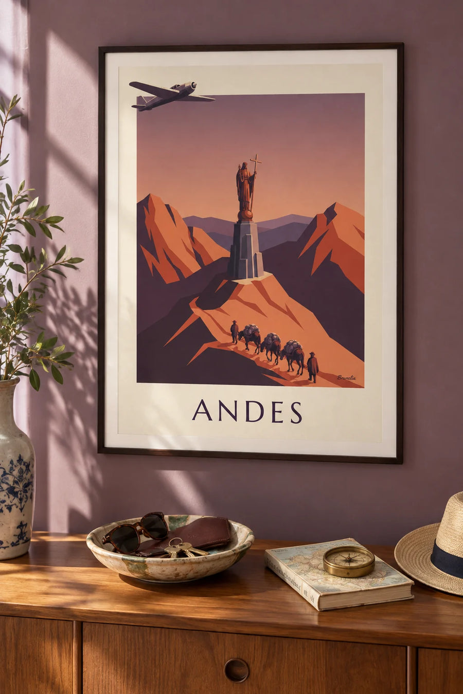 Poster postvliegtuig en muilezelkaravaan in de Andes: ingelijst aan de muur