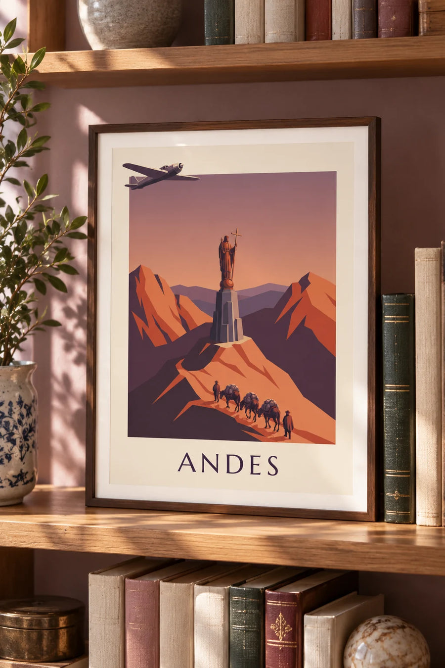 Poster postvliegtuig en muilezelkaravaan in de Andes: klein formaat A4 in lijst