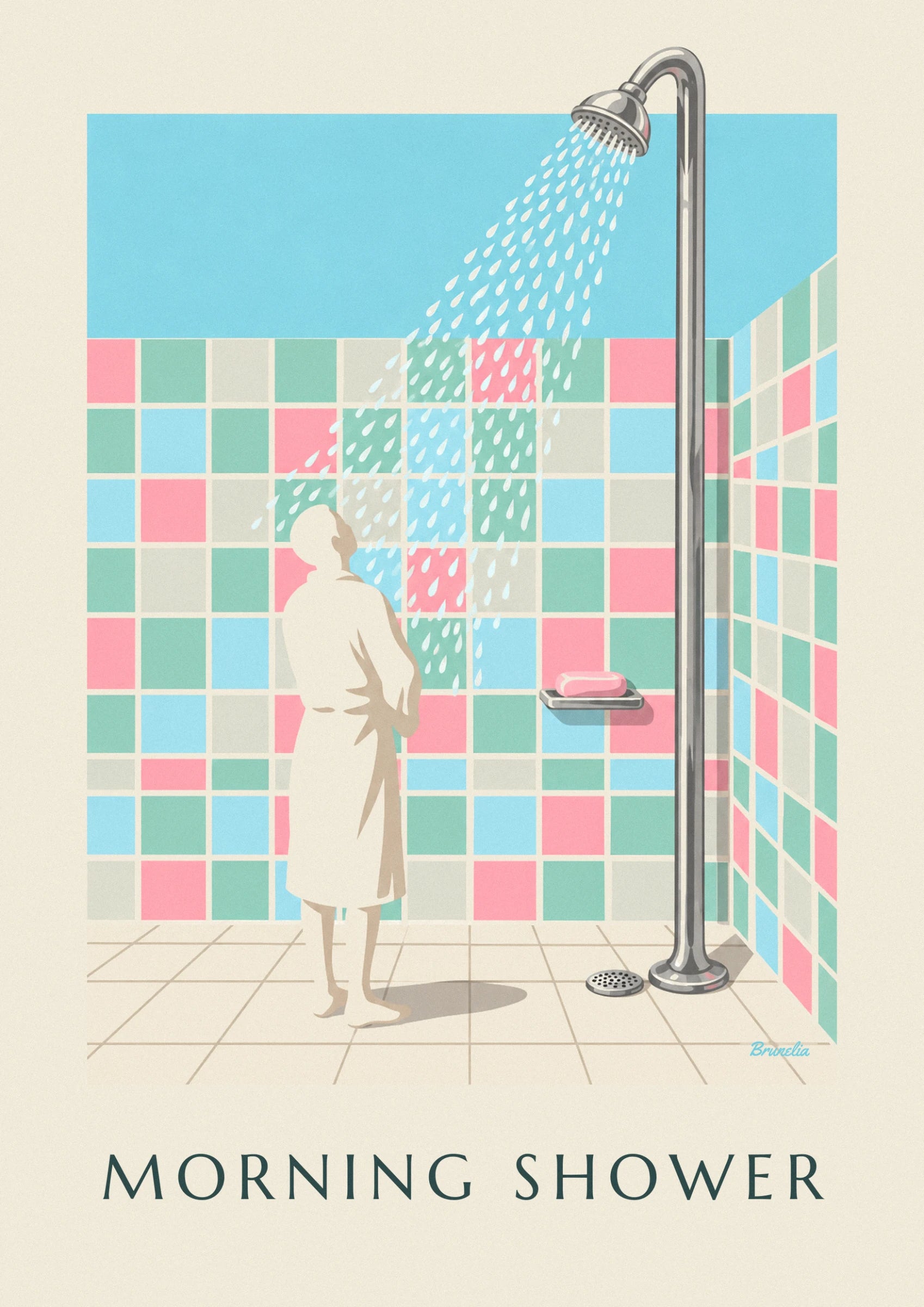 Le pommeau de douche chromé et ses gouttes d'eau, sur fond bleu ciel