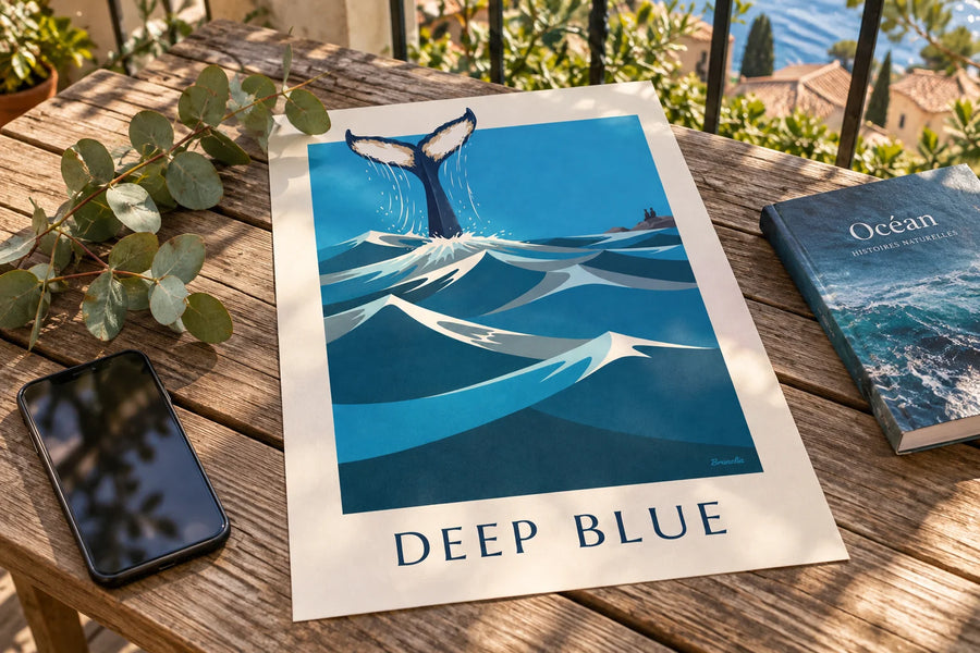 Poster bultrug die de oceaan induikt met opgeheven staart: op een tafel