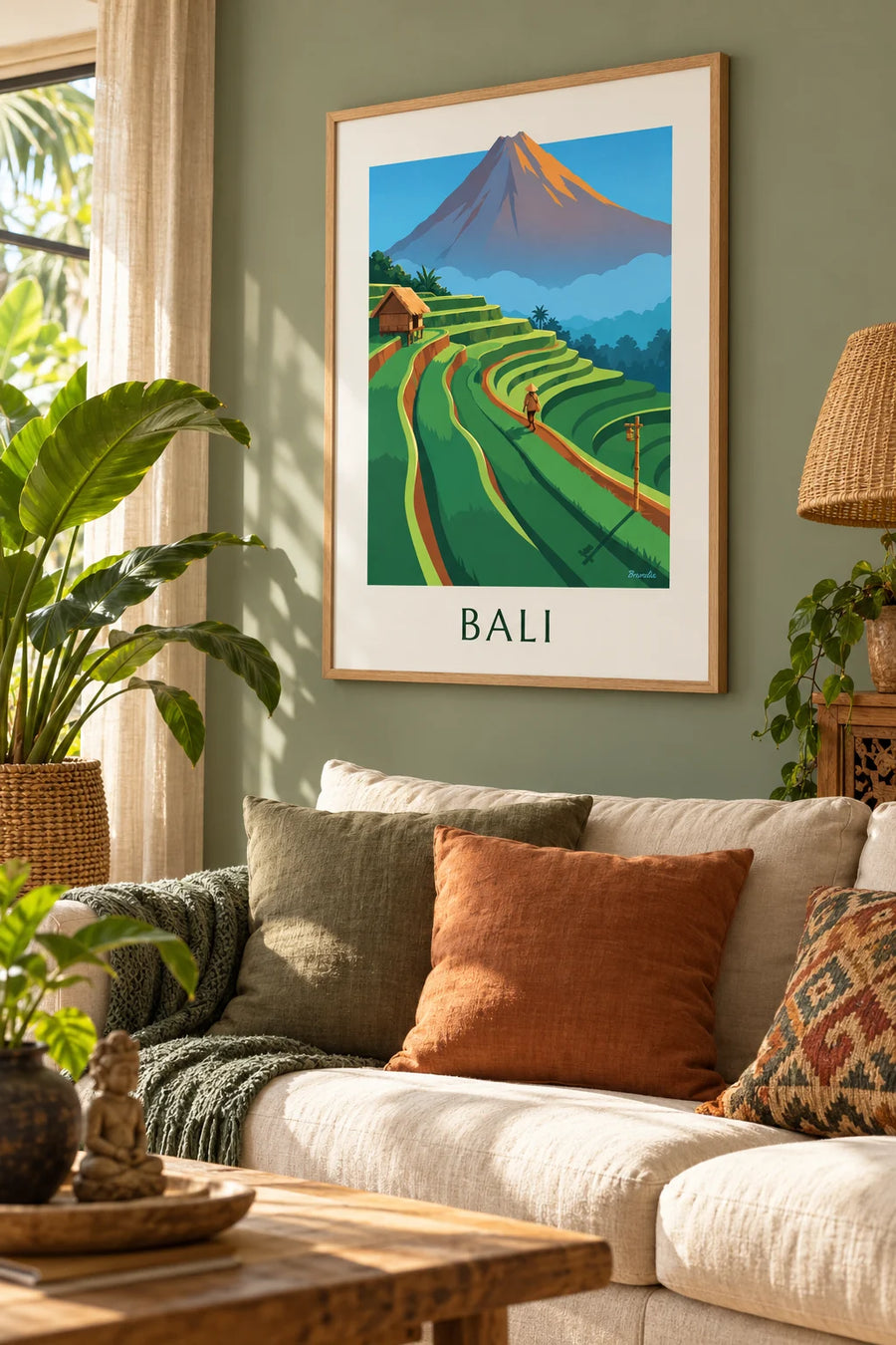 Poster van de rijstterrassen van Bali en de Agung bij zonsopgang: ingelijst aan de muur