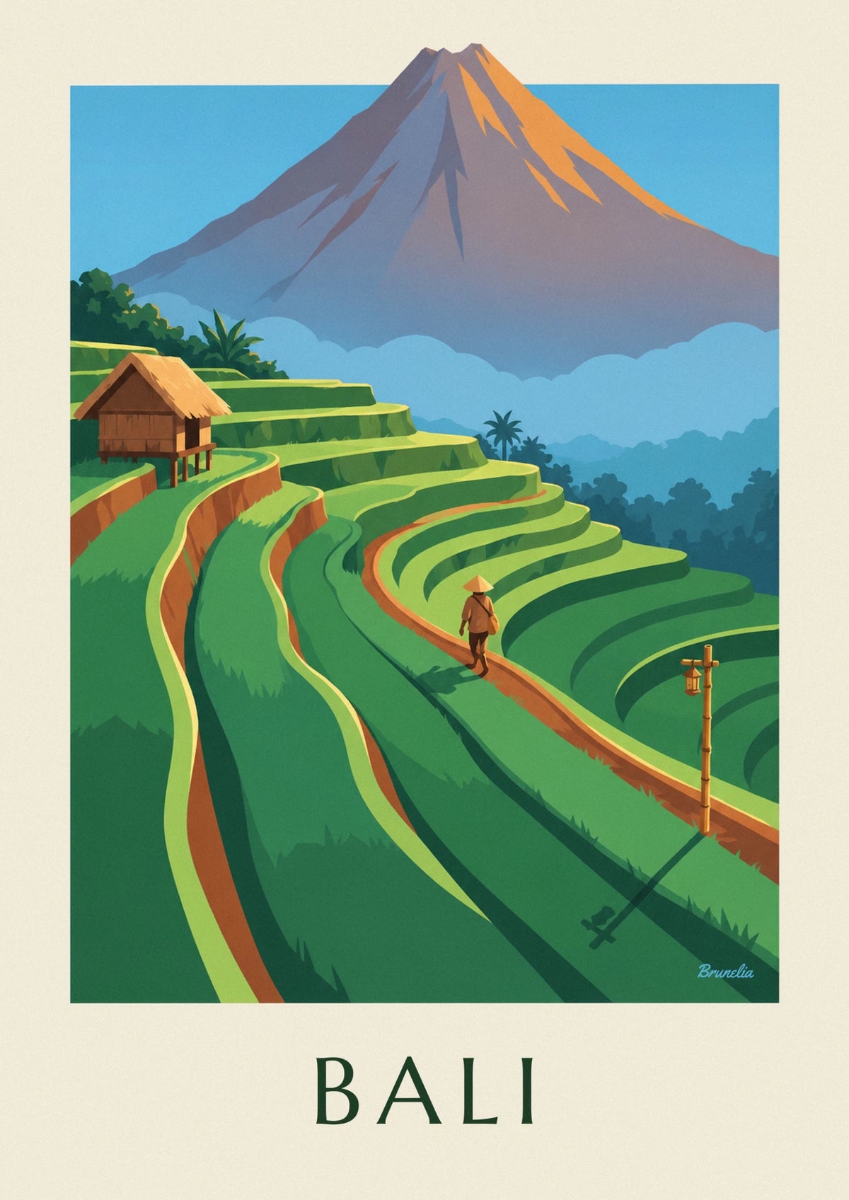 Bali terraced rice fields and Mount Agung at sunrise poster