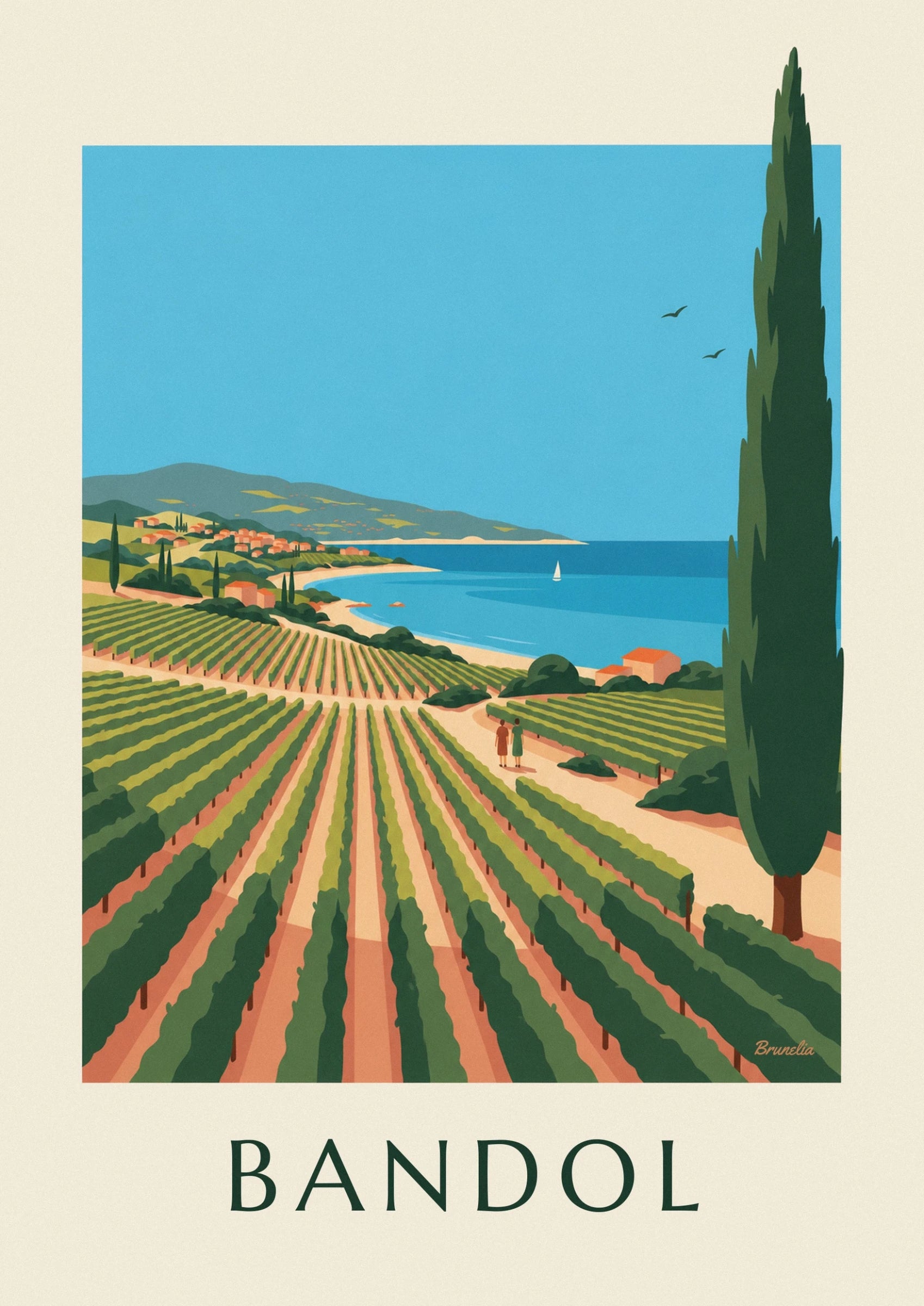 Les rangées de vignes vertes sur la terre ocre, face à la baie bleue de Bandol