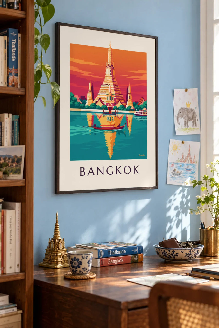 Poster tempel Wat Arun aan de rivier in Bangkok: ingelijst aan de muur