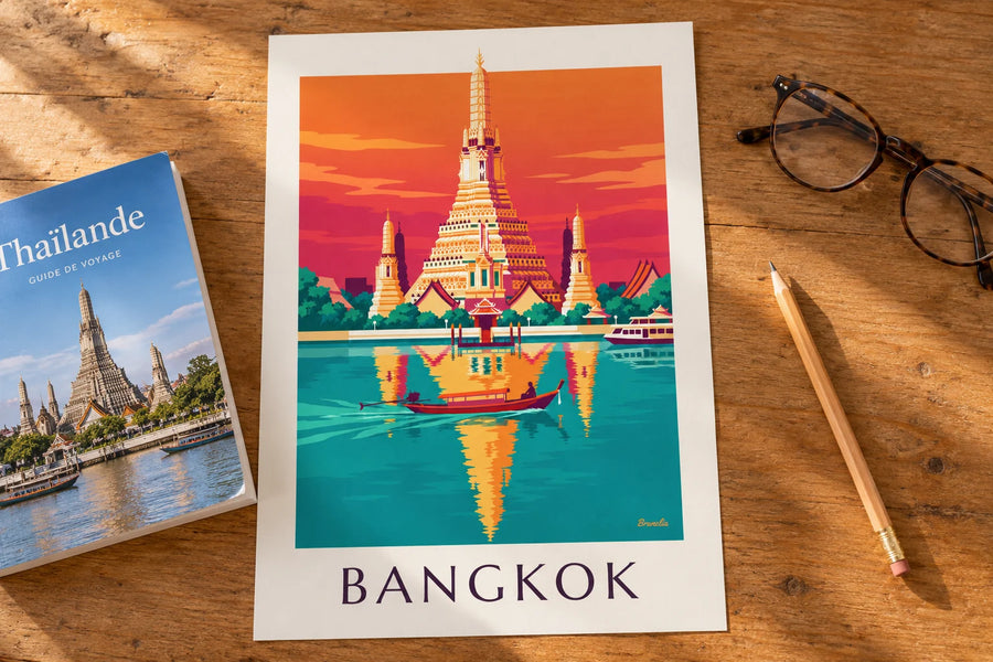 Poster tempel Wat Arun aan de rivier in Bangkok: op een tafel