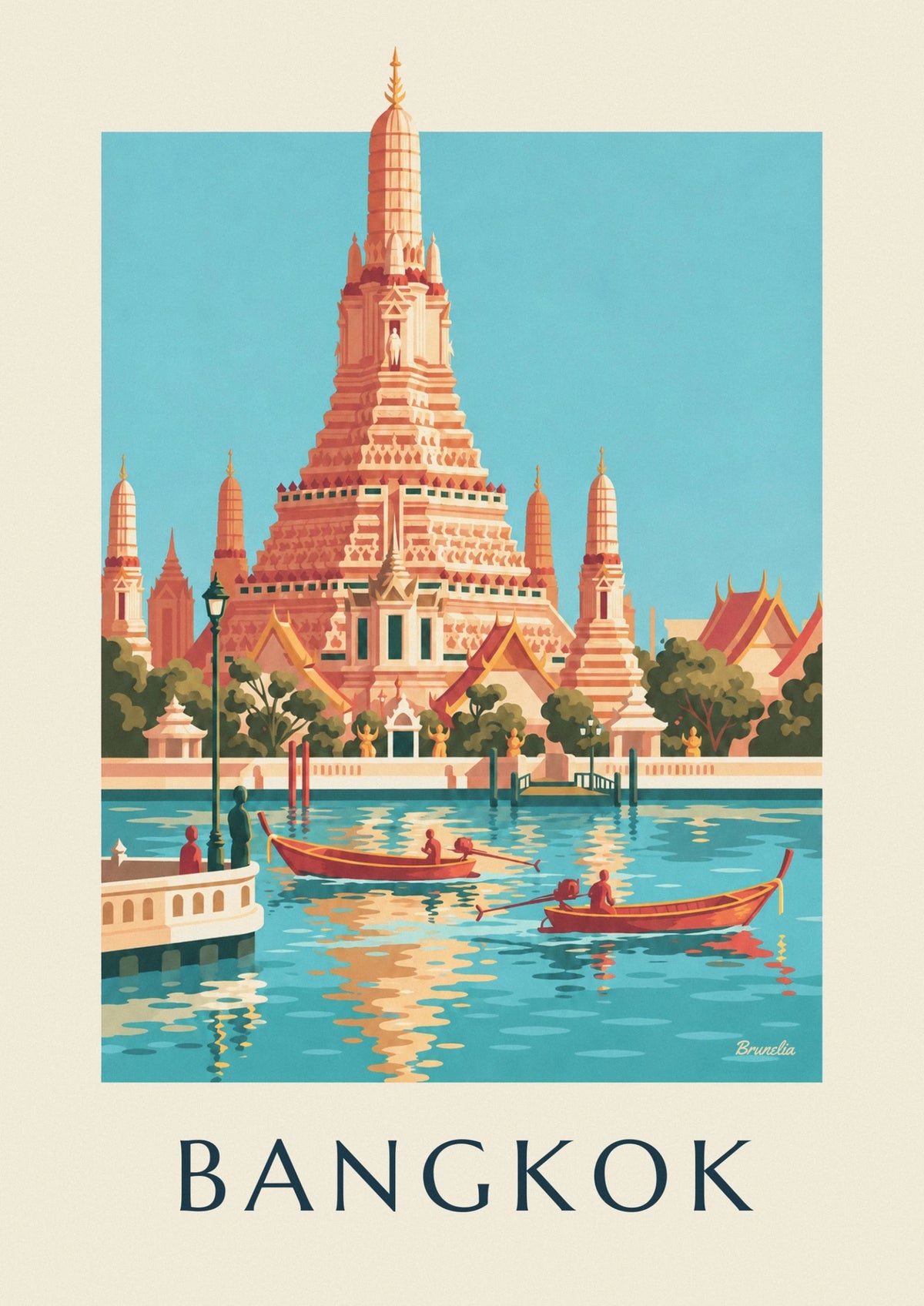 Affiche bateaux devant le temple de l'Aube à Bangkok