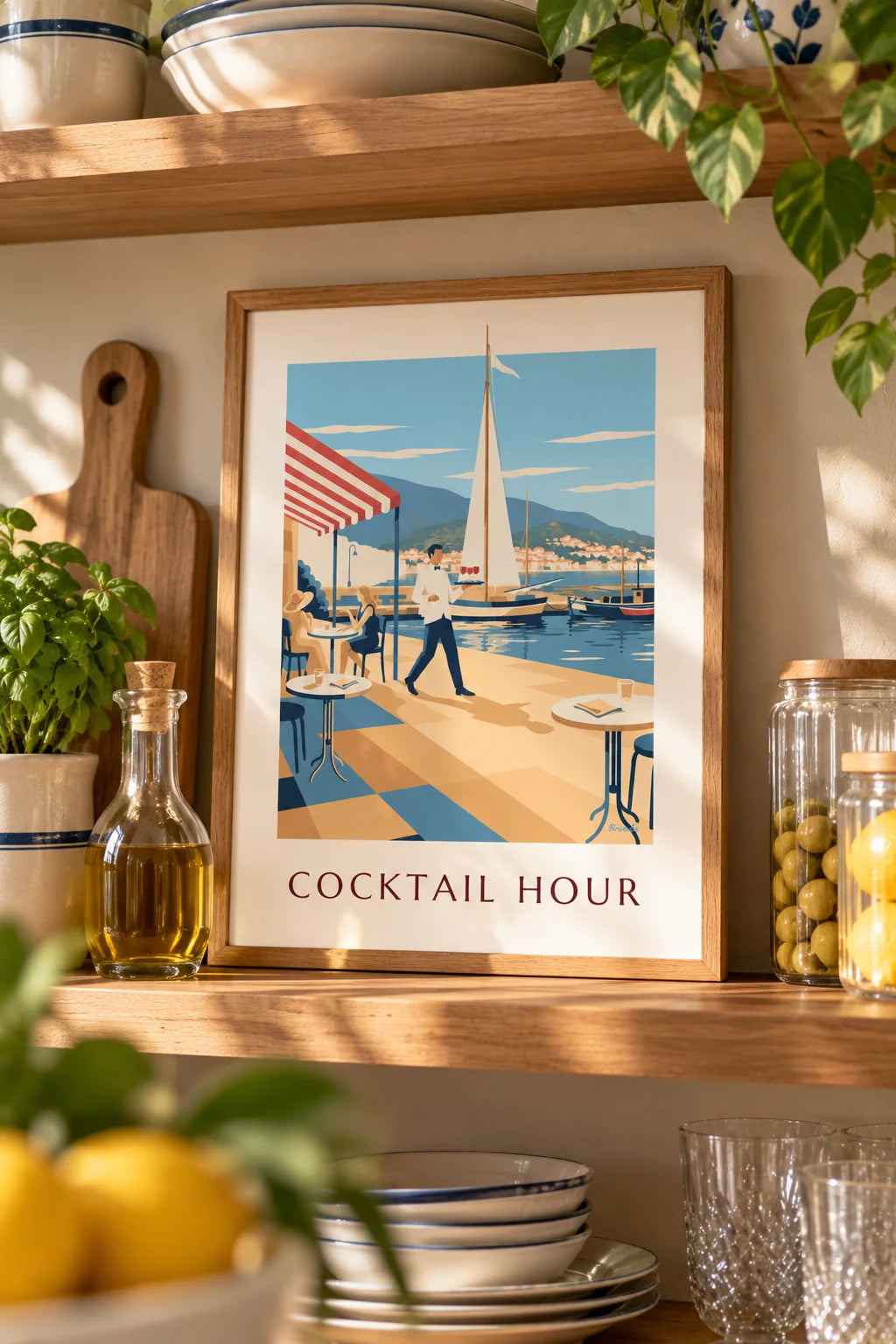 Keuken: sfeerbeeld van Poster ober en aperitieven op een haventerras