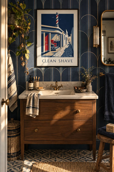 Barber shop poster with a barber chair and straight razor: framed on the wall