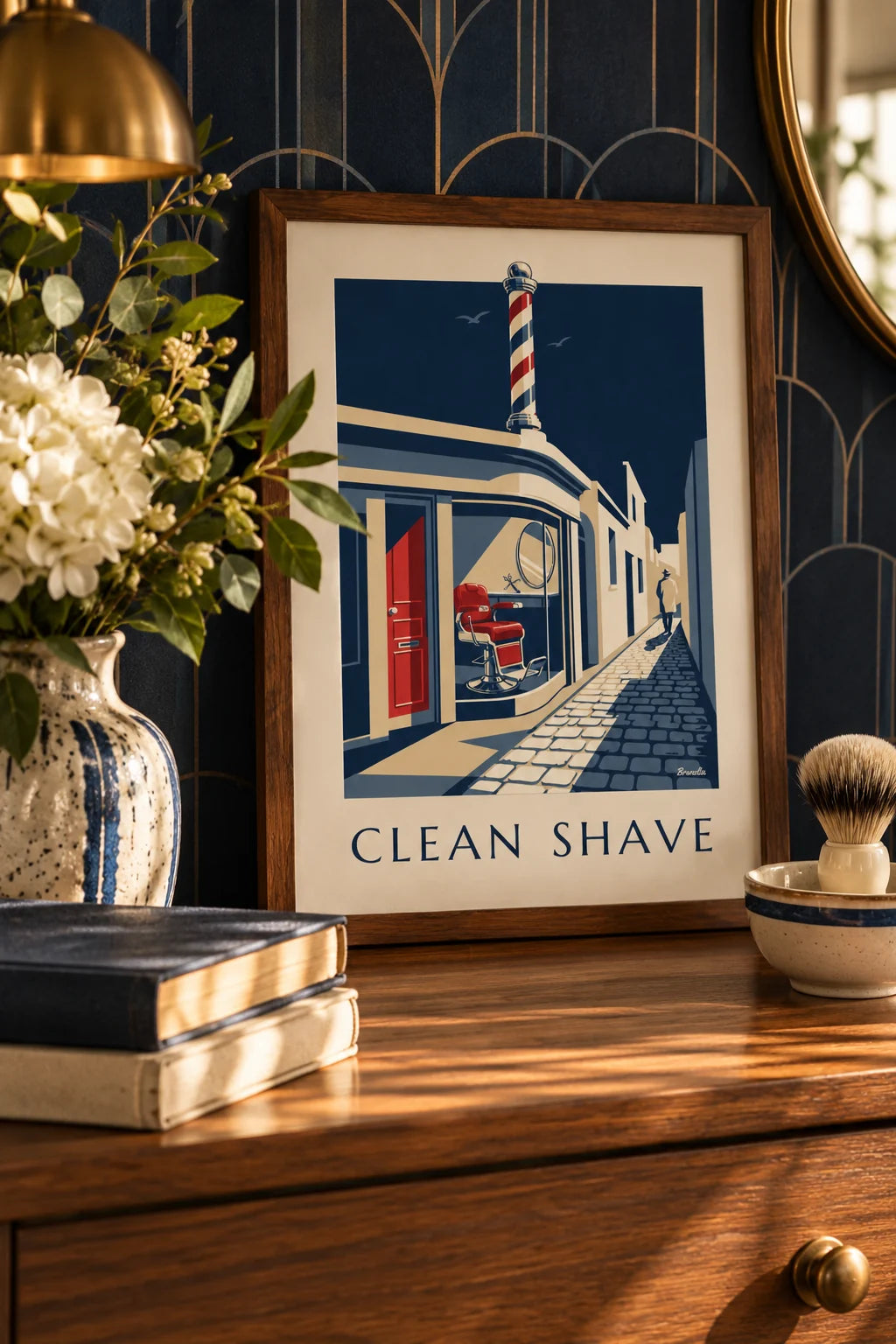 Badkamer: sfeerbeeld van Poster barbershop met kappersstoel en open scheermes