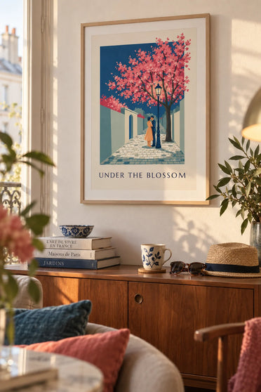 Affiche couple sous un lampadaire et un cerisier en fleurs : encadrée au mur