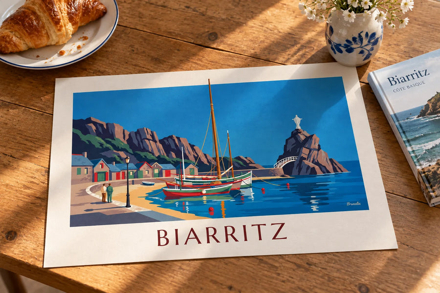 Poster Port des Pêcheurs van Biarritz en Rocher de la Vierge: op een tafel