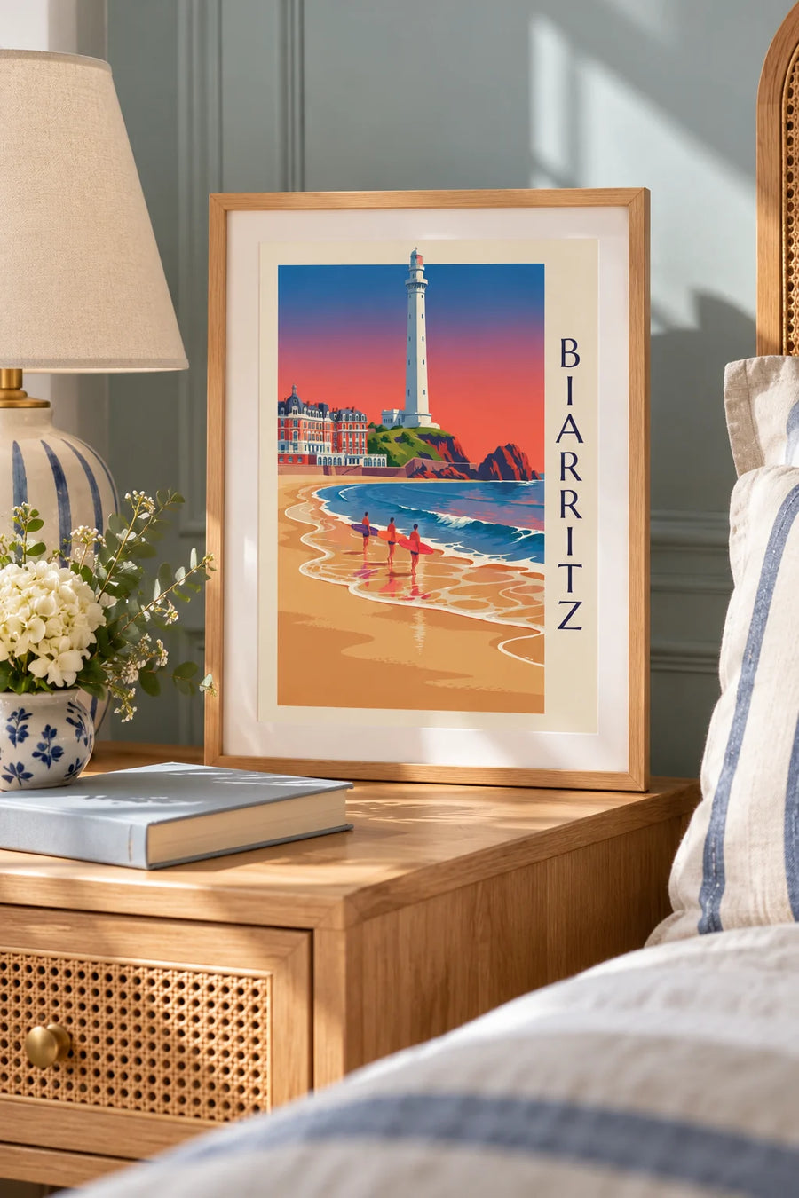 Poster van surfers en longboards voor het Hôtel du Palais in Biarritz: klein formaat A4 ingelijst
