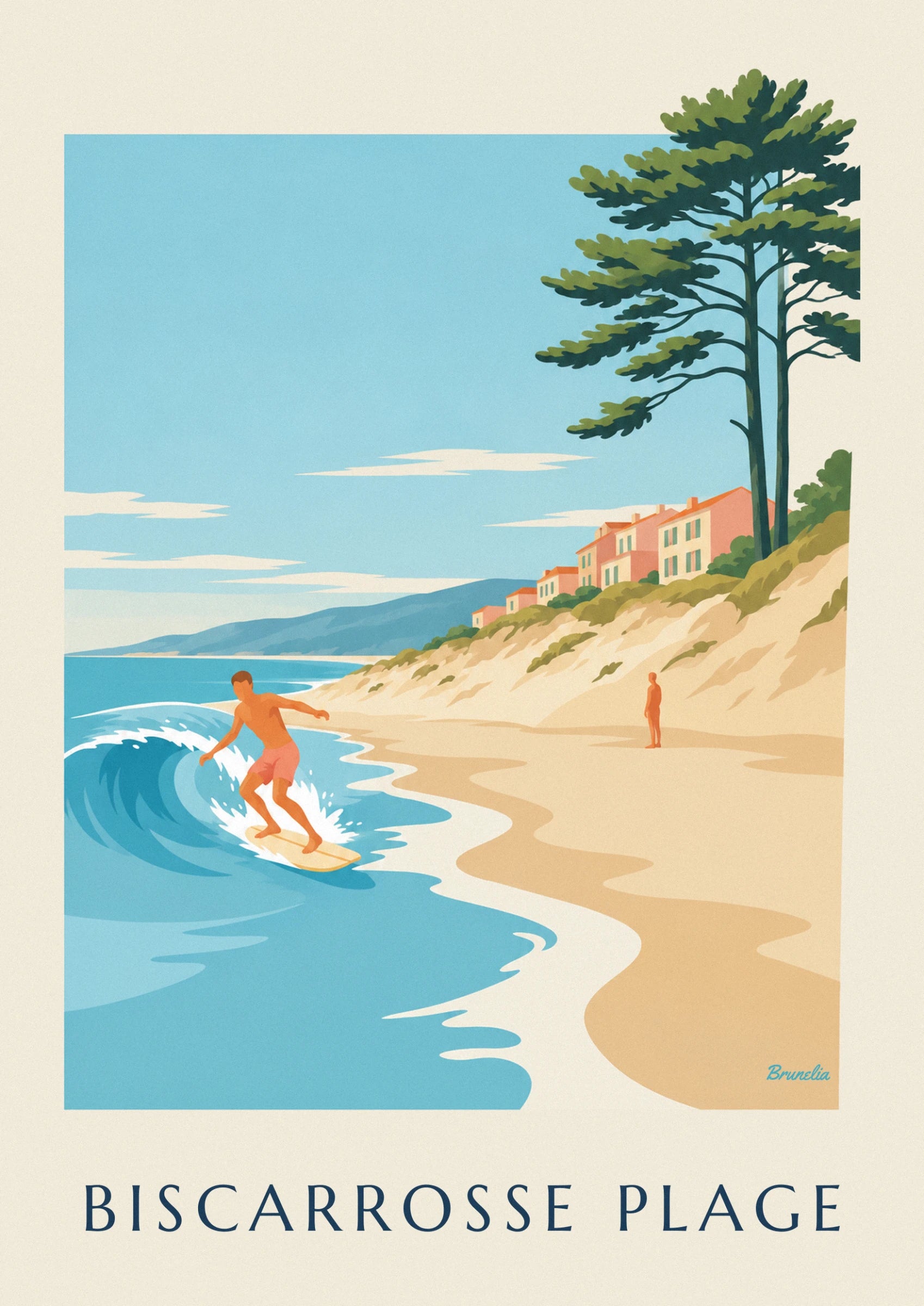 Le surfeur en short corail sur sa planche jaune, au creux de la vague turquoise