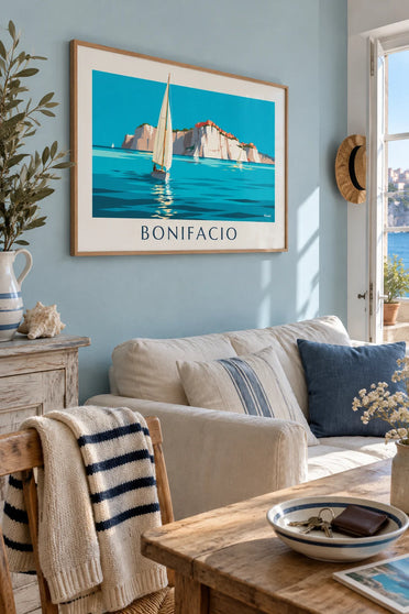 Poster witte kliffen en zeilboten van Bonifacio op Corsica: ingelijst aan de muur