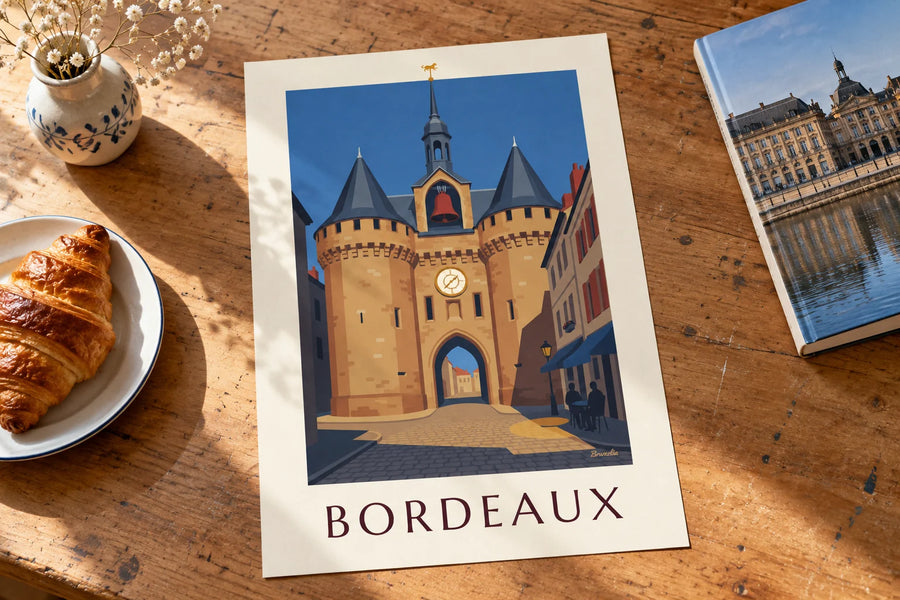 Poster Grosse Cloche van Bordeaux en caféterras: op een tafel