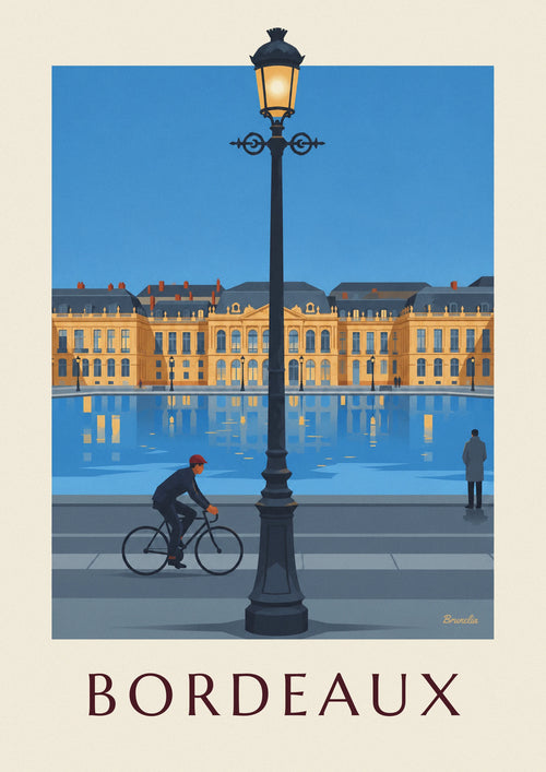Affiche cycliste devant le miroir d'eau de Bordeaux au crépuscule : l'affiche entière