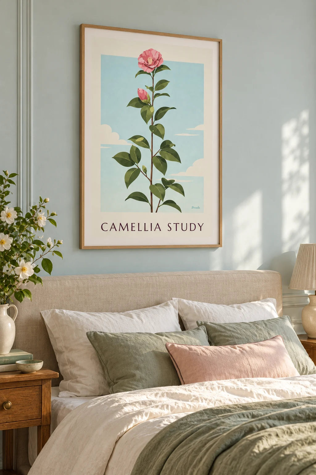 Slaapkamer: sfeerbeeld van Poster botanische prent van roze camelia in bloei