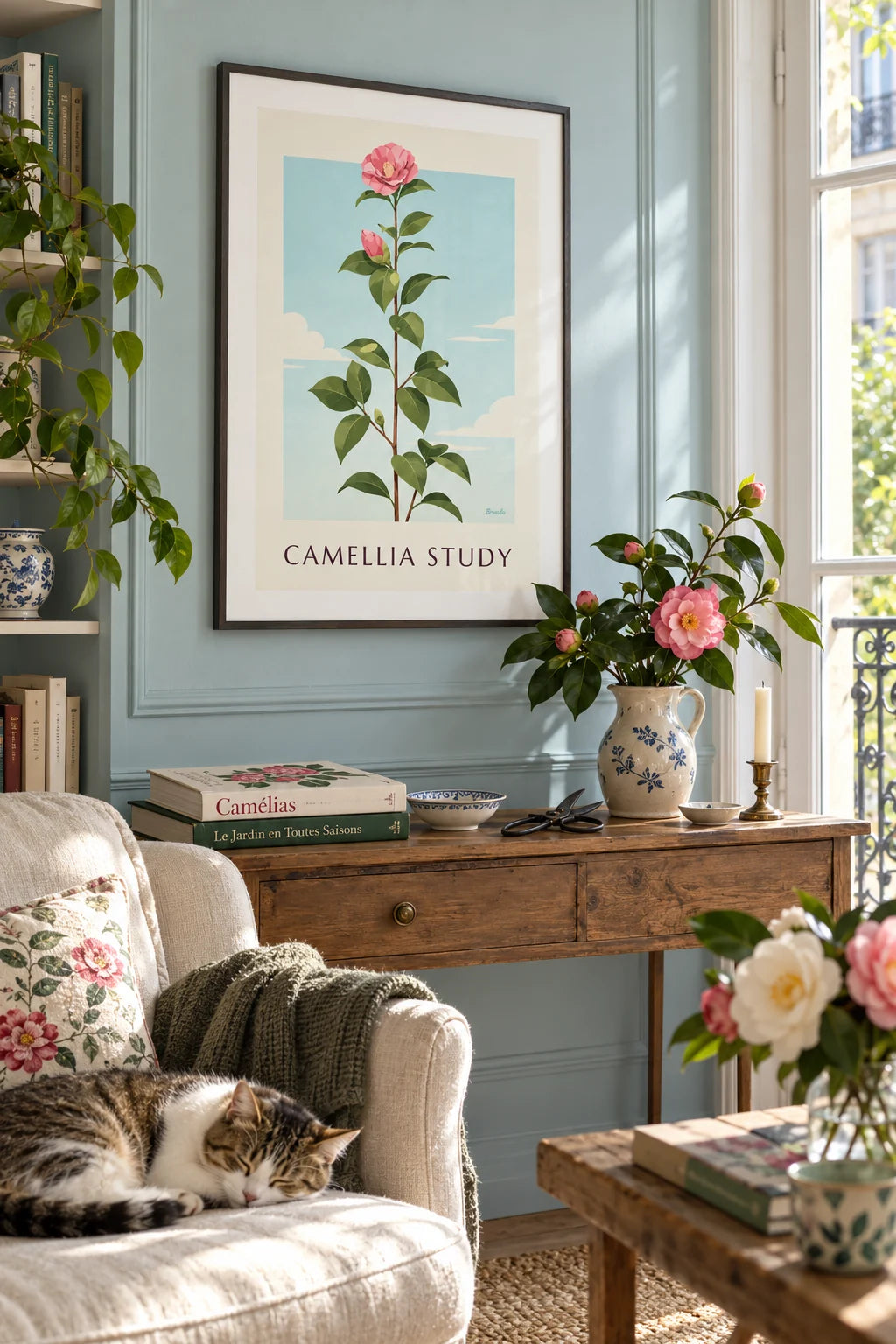 Salon : mise en situation de Affiche planche botanique de camélia rose en fleur