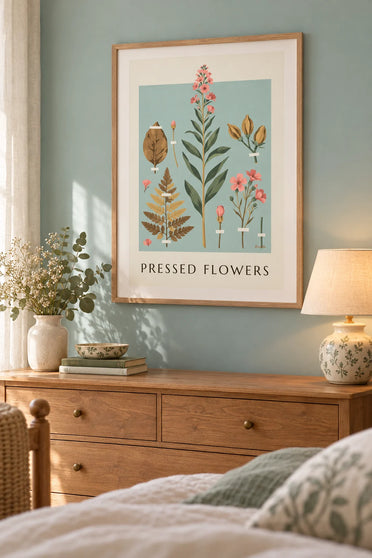 Affiche herbier de plantes et fleurs séchées sur papier crème : encadrée au mur