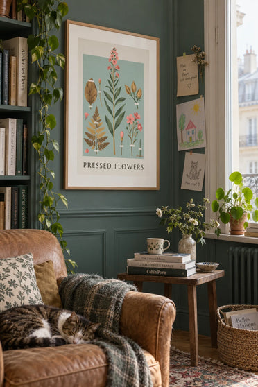 Poster of a herbarium of dried plants and flowers on cream paper: framed on the wall