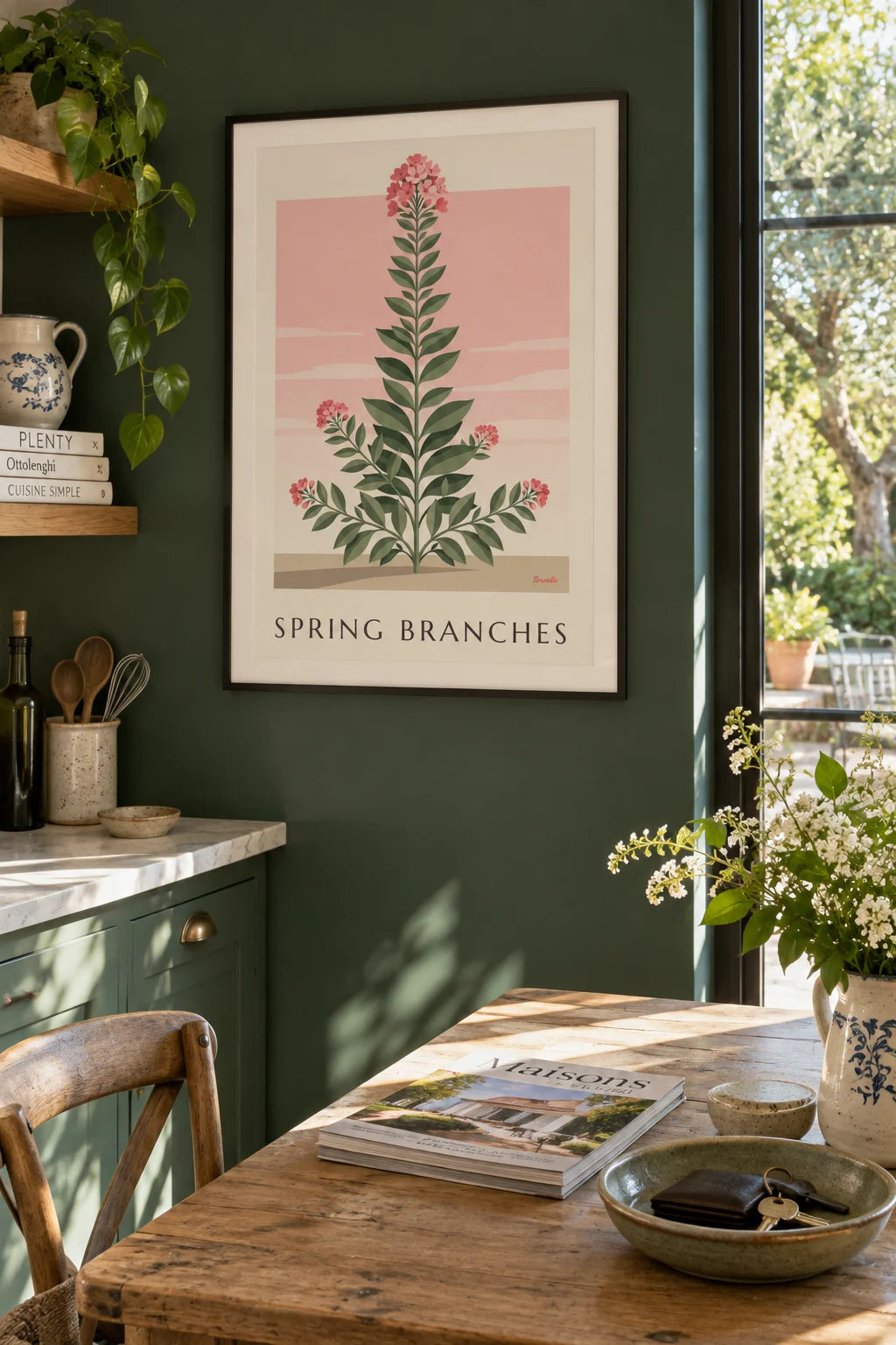 Affiche branches feuillues et fleurs roses de printemps : encadrée au mur