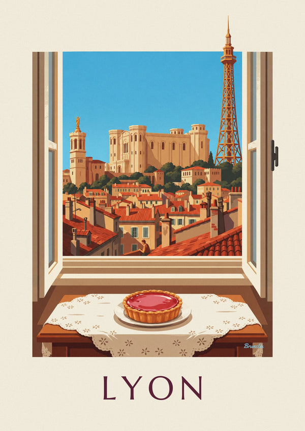 Pink praline tart at a Lyon living room window poster
