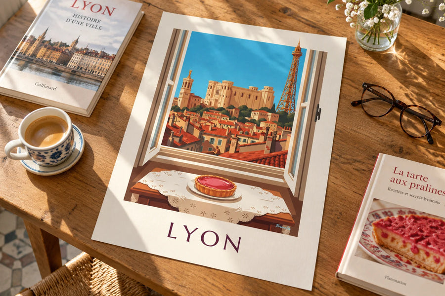Affiche tarte aux pralines roses à la fenêtre d'un salon lyonnais : posée sur une table
