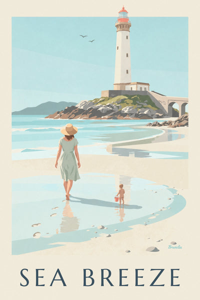 Affiche mère et enfant sur la plage du Petit Minou au pied du phare : l'affiche entière