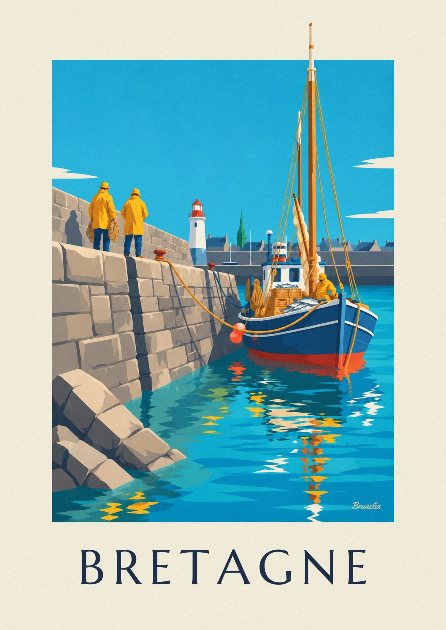 The blue boat with a red hull, silver fish and a fisherman in yellow oilskins