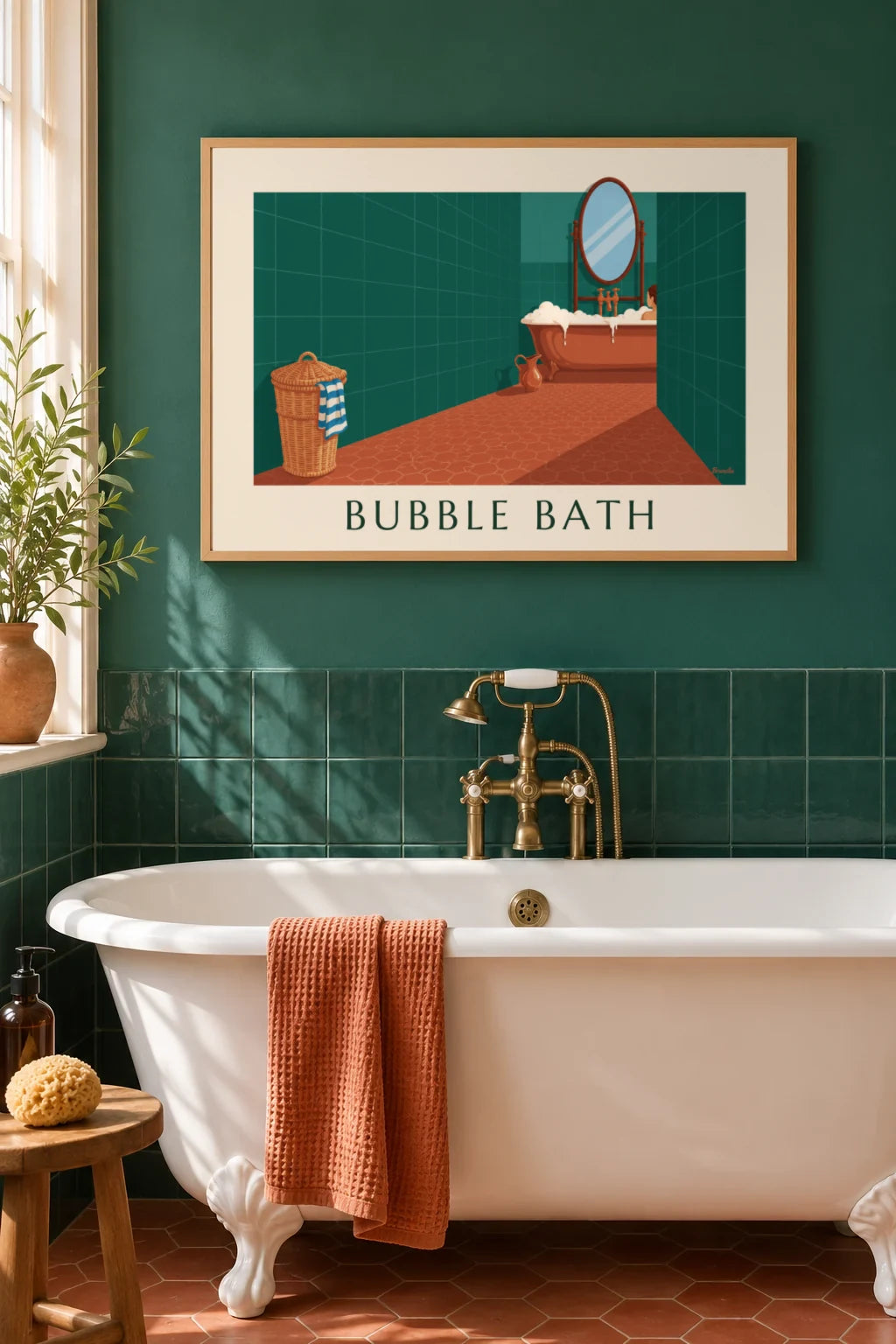 Green bathroom copper bathtub and wicker basket poster on the wall