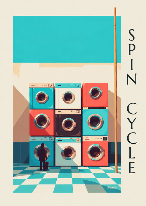 Affiche grille de 9 machines à laver colorées : l'affiche entière
