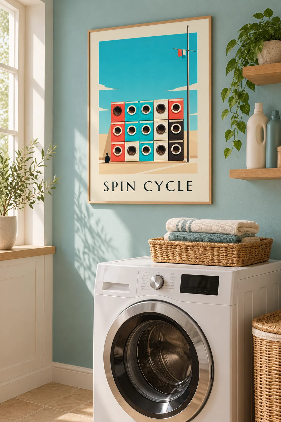 Poster met een raster van 9 kleurrijke wasmachines: ingelijst aan de muur