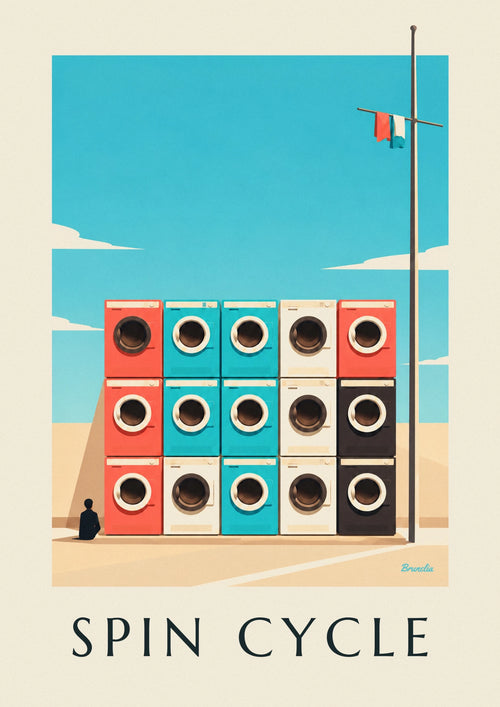 Affiche grille de 9 machines à laver colorées : l'affiche entière