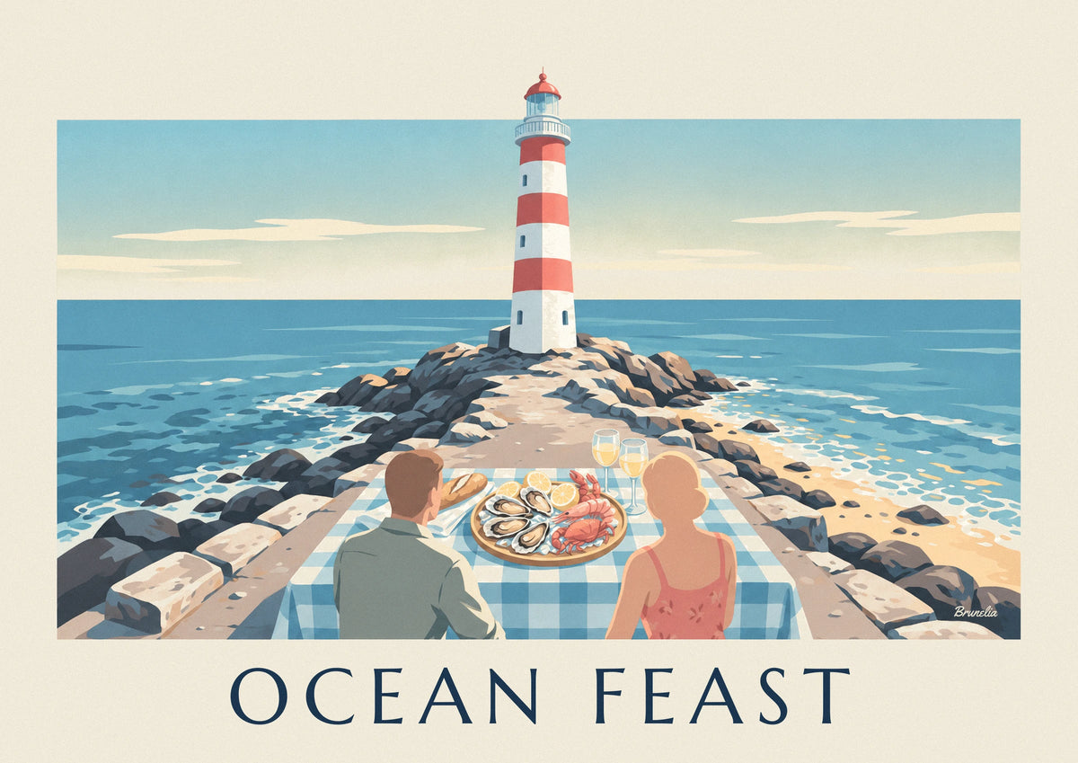 Seafood platter at the foot of a lighthouse poster