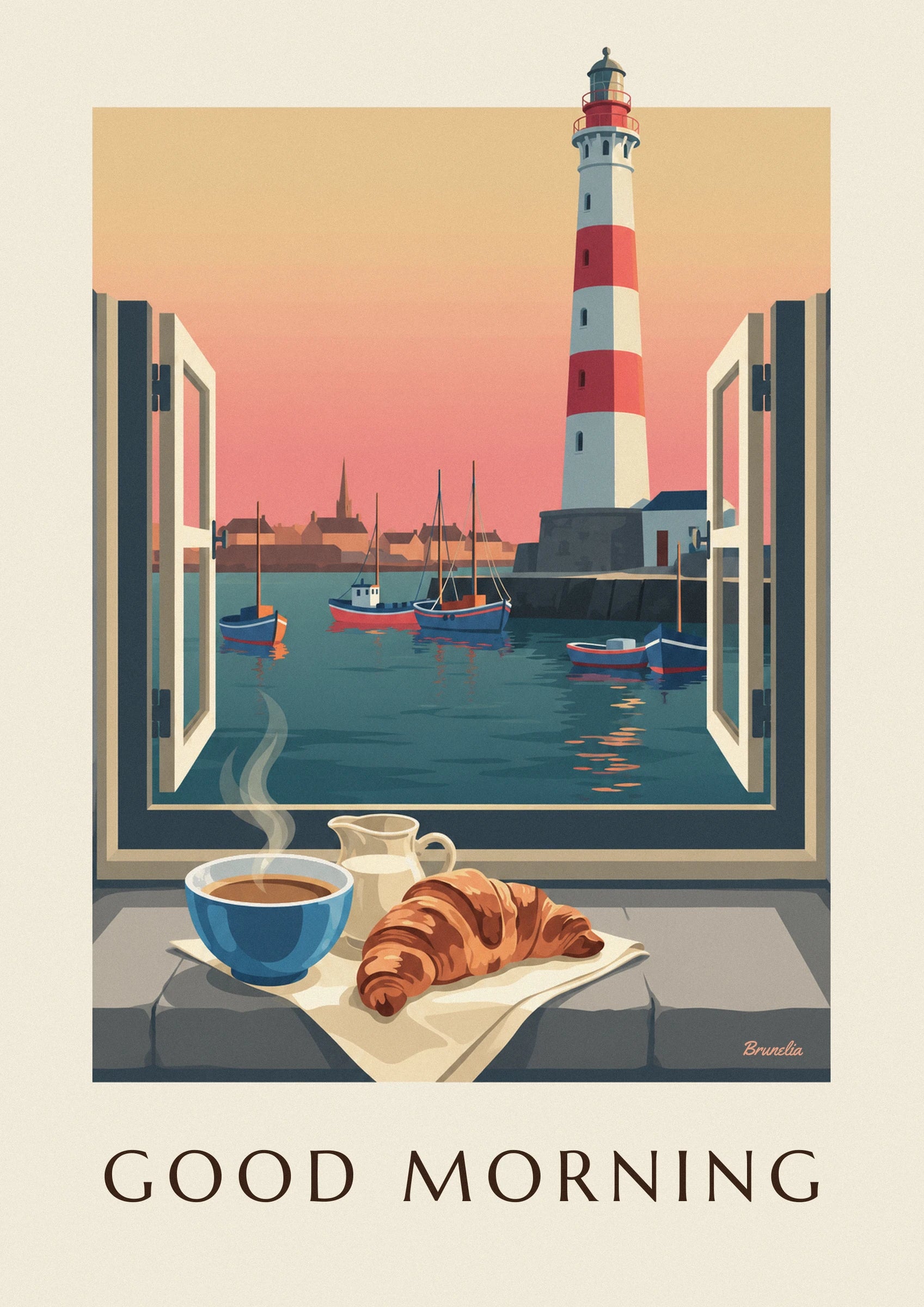 De blauwe kom dampende koffie, het melkkannetje en de goudgele croissant op de vensterbank met uitzicht op de haven