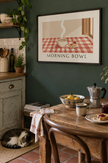 Poster of a bowl of café au lait and buttered toast at breakfast: framed on the wall