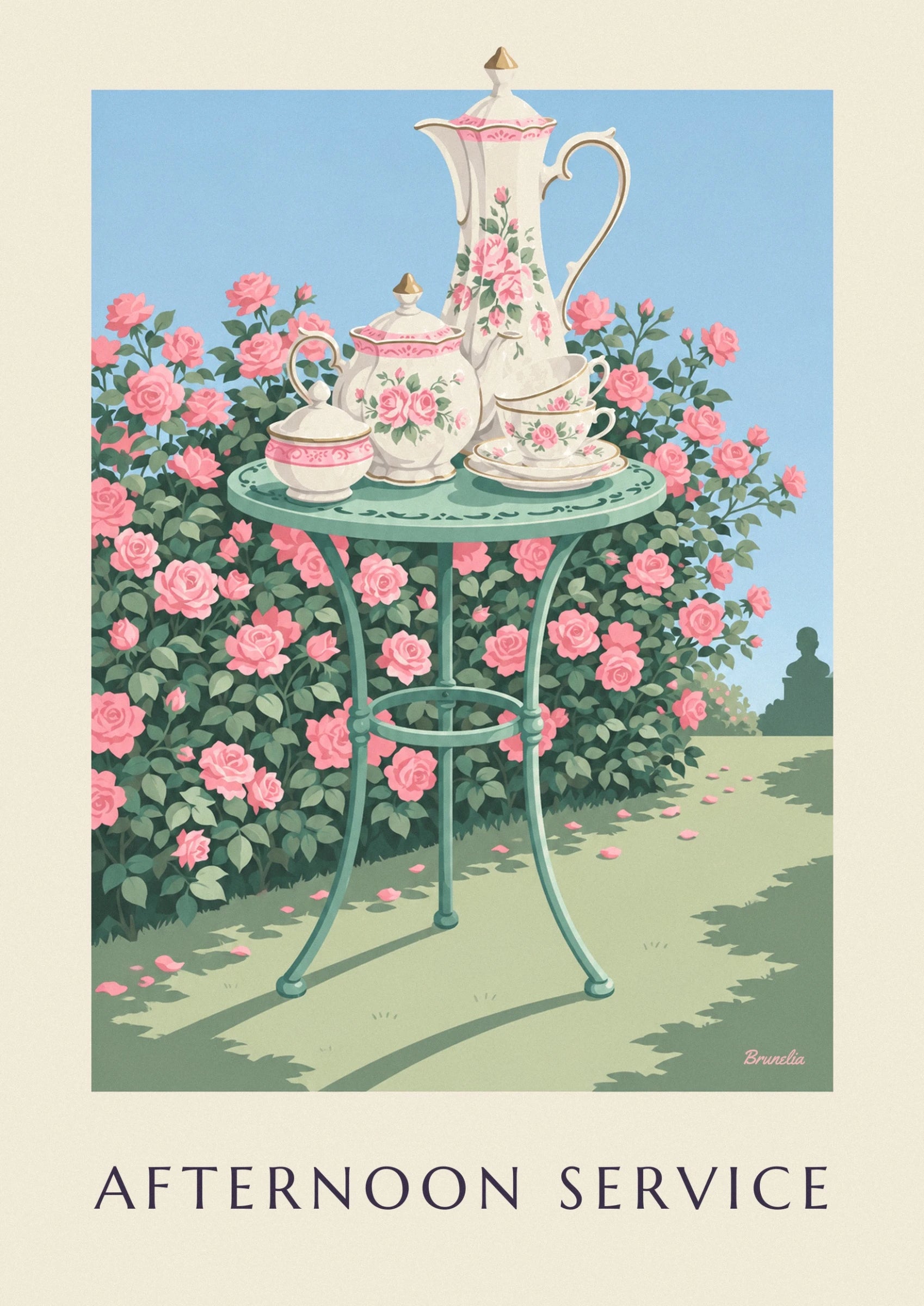 De porseleinen theepot en suikerpot met roze rozen op de groene tuintafel