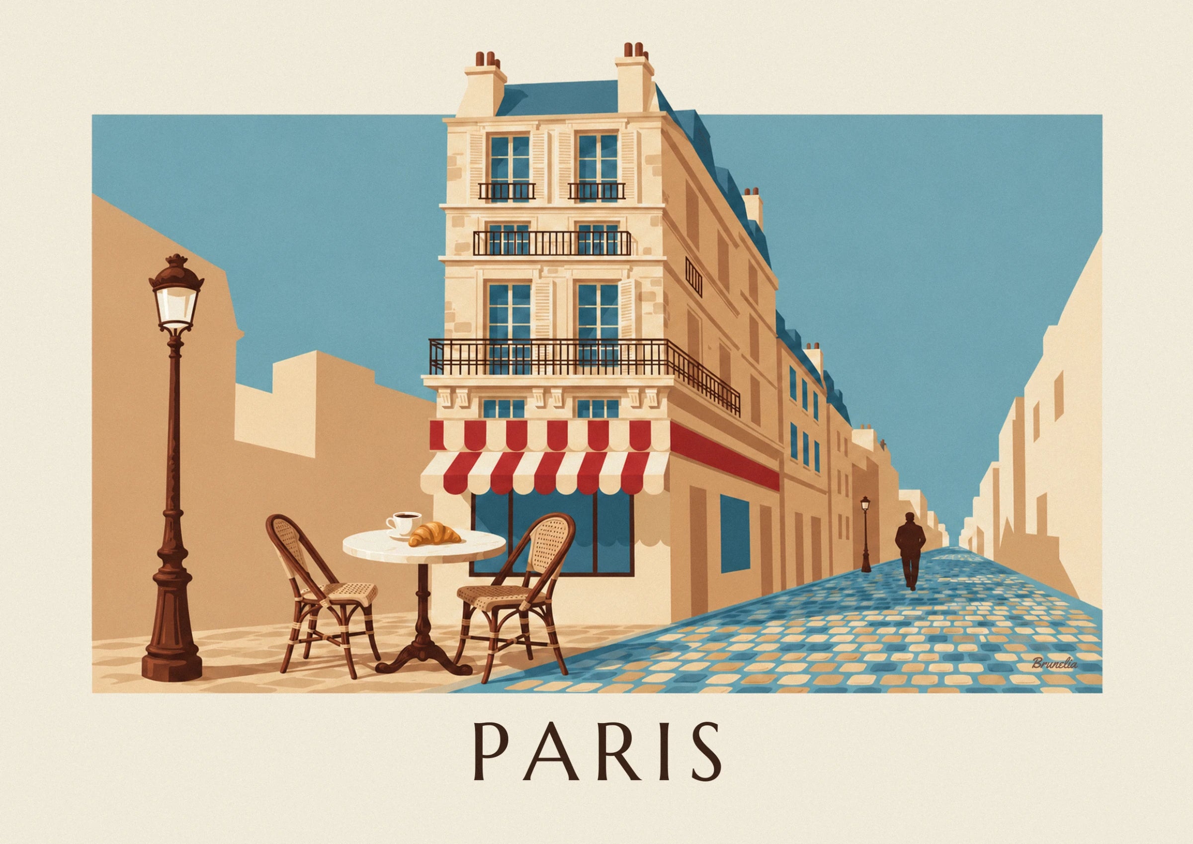 Café et croissant sur la table ronde en marbre, entre 2 chaises cannées, sous l'auvent rayé rouge
