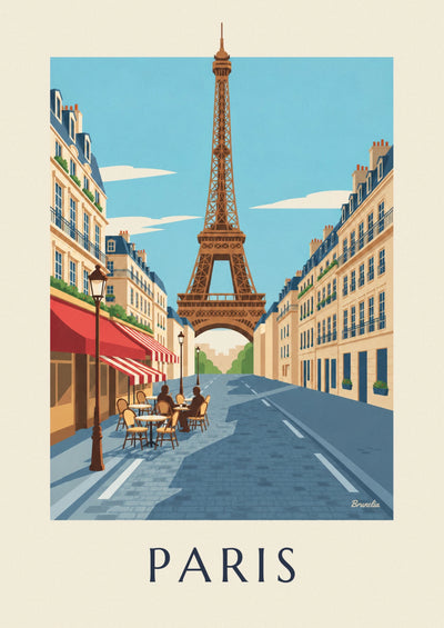 Affiche terrasse de café parisien face à la tour Eiffel : l'affiche entière