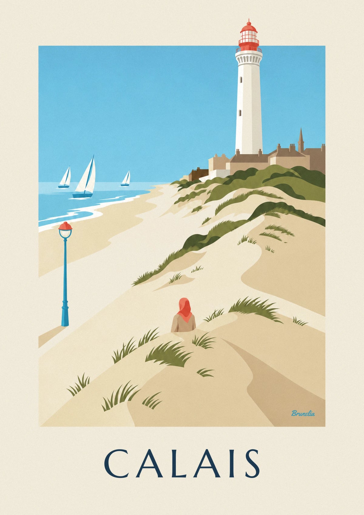 Calais beach dunes, sailboats and lighthouse poster